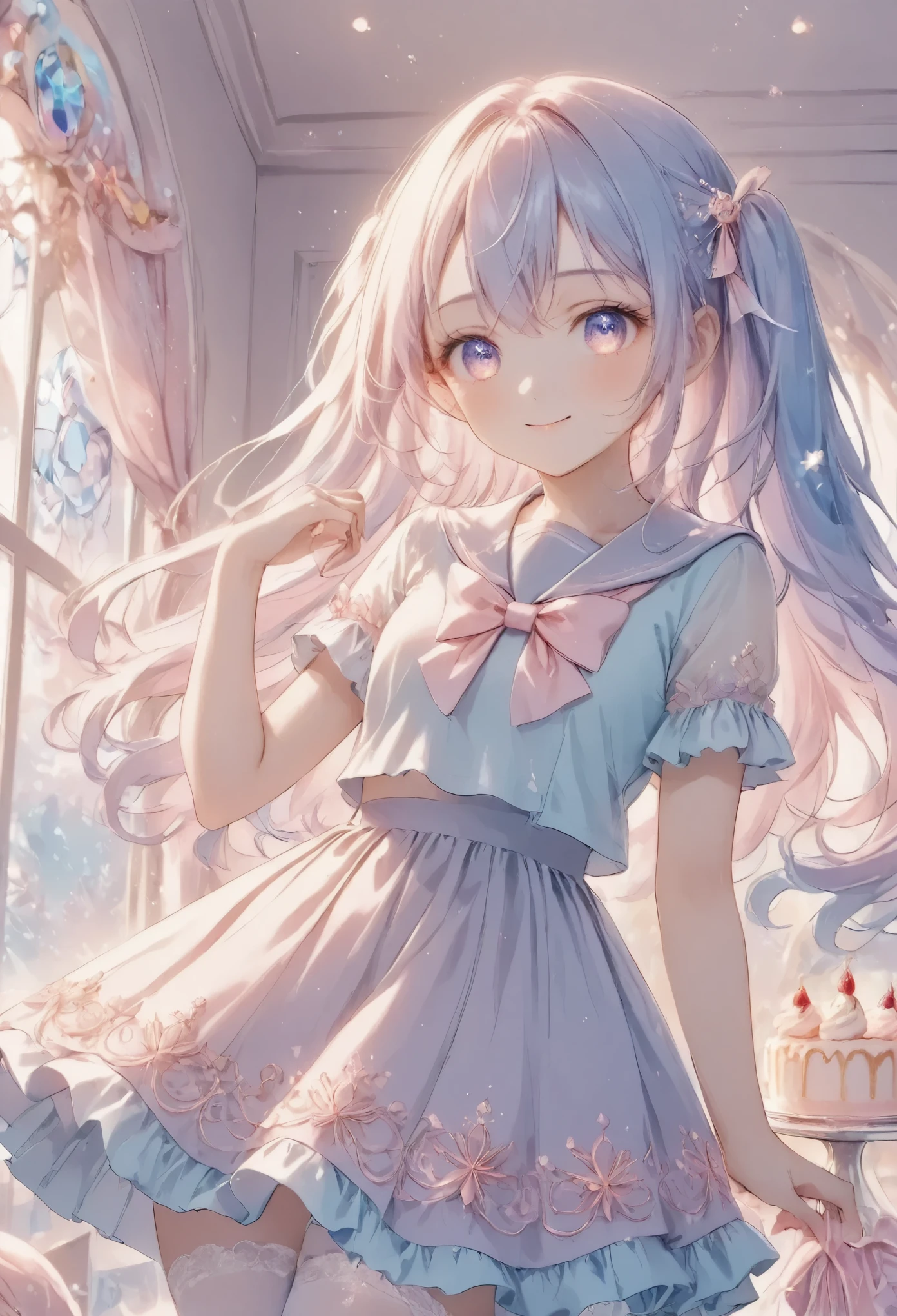 cute anime girl, crystal, pastel,
Low Fidelity (lofi) art style,
pastel pink and purple tones,
soft orange, twin-tails, mauve blue hair, school sailor, holding a cupcake, smile,one eye closed, intricate details, pastel colors, white stockings, lace and bow accents, elegant background with soft curtains, bright lighting, adorable pose, kawaii style, sweet and innocent vibe, delicate accessories, fantasy ambiance, soft glow