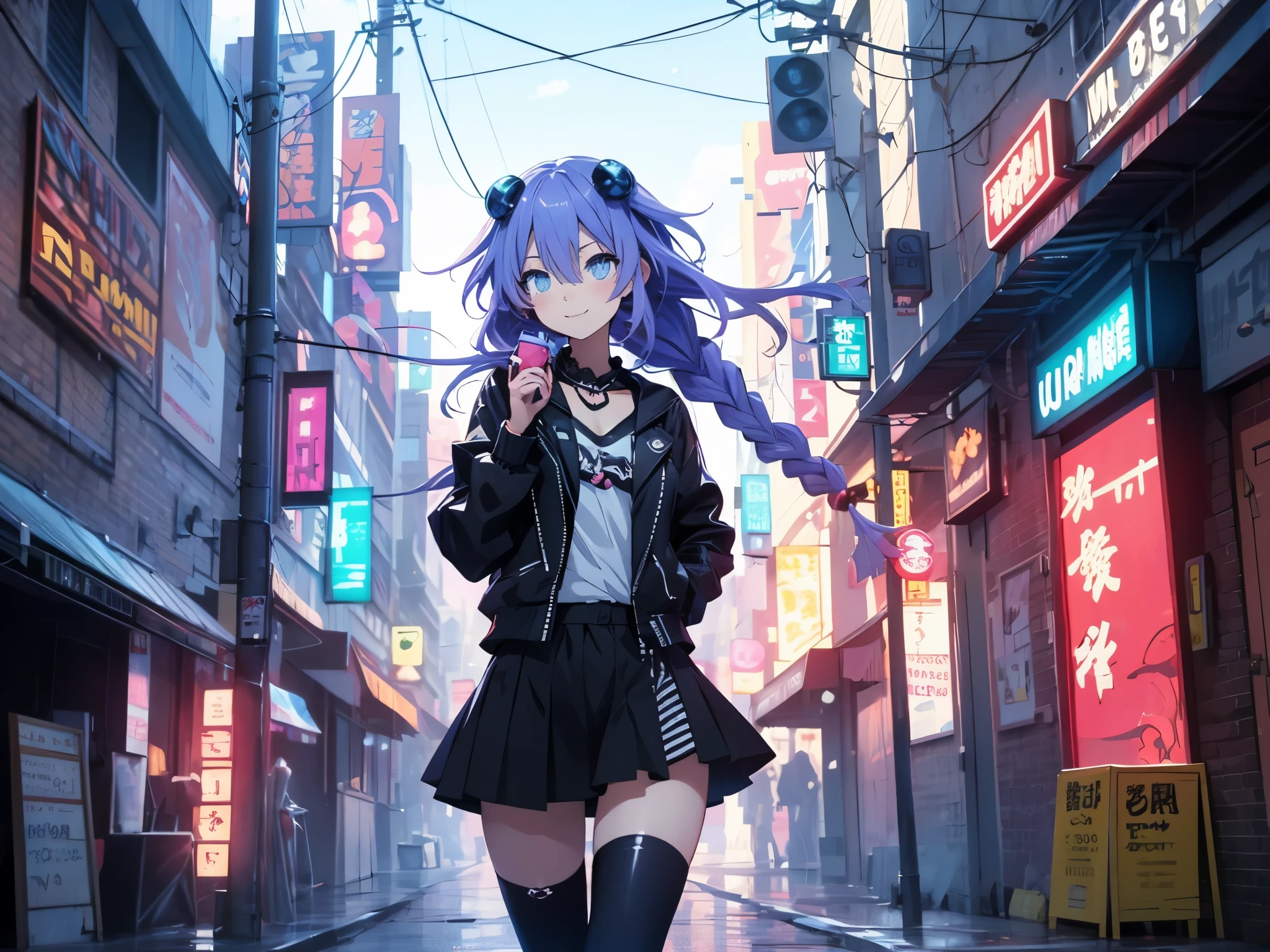 Masterpiece picture quality,Rainbow,Urban girl,ssmile,number art,style of anime,Retro anime girl,Punk girl,in an anime style,dual horsetail,Trendy,neonlight,depth of fields, Primer plano,