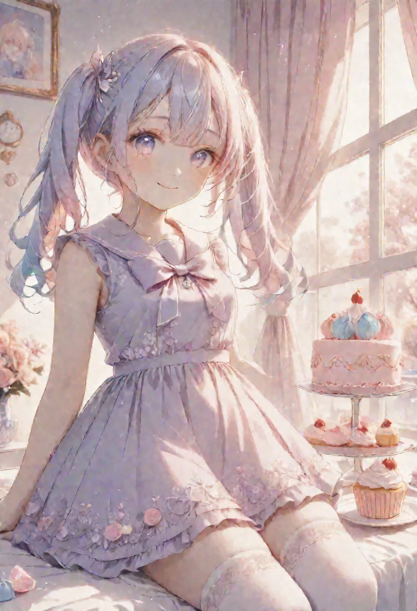 cute anime girl, crystal, pastel,
Low Fidelity (lofi) art style,
pastel pink and purple tones,
soft orange, twin-tails, mauve blue hair, school sailor, holding a cupcake, smile,one eye closed, intricate details, pastel colors, white stockings, lace and bow accents, elegant background with soft curtains, bright lighting, adorable pose, kawaii style, sweet and innocent vibe, delicate accessories, fantasy ambiance, soft glow