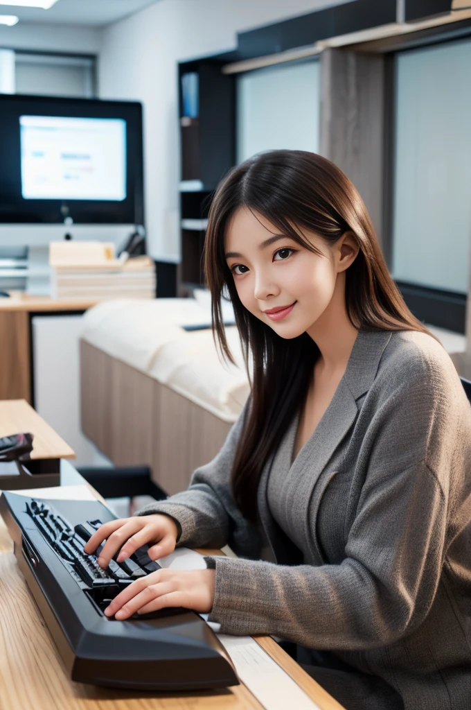 
(8k, RAW photo, photorealistic, HQ, masterpiece), a cute Japanese woman, (glowing eyes), (light smile:0.5), short hair, (business suit, blouse), (sitting on office chair), (typing on a computer keyboard:1.4), (Computer on the desk:1.4), background Large office, Depth of field rally background, backlighting, face light,