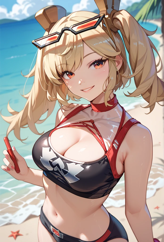  1girl, breasts, Alone, eyewear on head, navel, looking at viewer, crop top, cleavage, smile, Bikini, twintails, blonde hair, red eyes,beach、 swimsuit