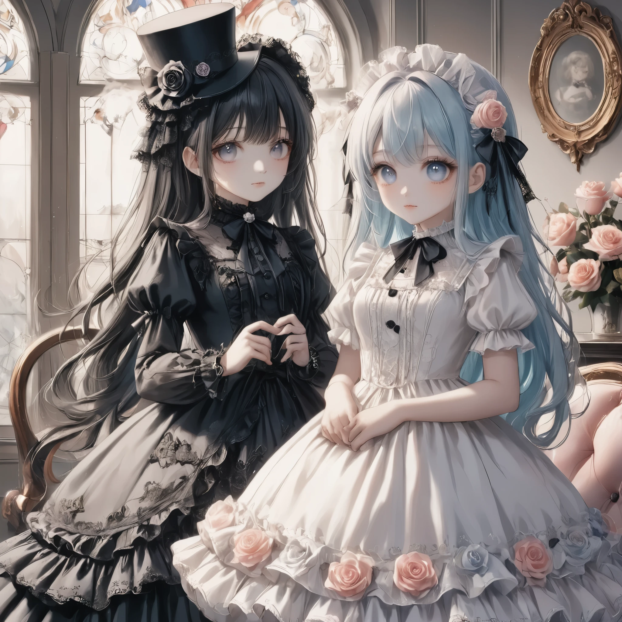 dark gothic,pastel,gothic ****ta fashion, twin girls, one in white dress, one in black dress, intricate lace and frills, victorian-inspired attire, holding large roses, cute gothic dolls, black cat with top hat, white cat with hat, pastel color scheme, elegant and detailed outfits, soft expressions, contrasting dark and light themes, vintage frame, whimsical atmosphere, fantasy style, kawaii aesthetic, delicate accessories, magical vibe