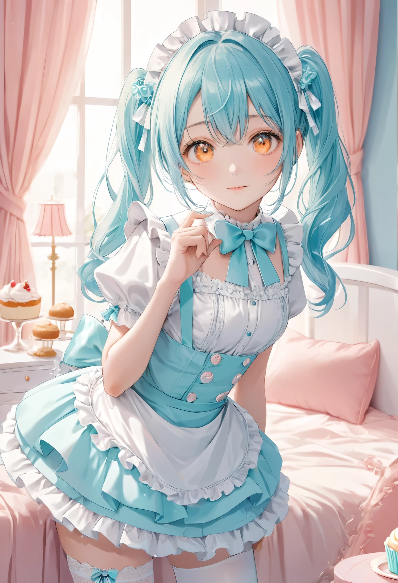 pastel,
theme color green and orange, cute anime girl, twin-tails, blue hair, maid-inspired outfit, frilly dress with ribbons, white and blue color scheme, holding a cupcake, shy expression, intricate details, pastel colors, white stockings, lace and bow accents, elegant background with soft curtains, bright lighting, adorable pose, kawaii style, sweet and innocent vibe, delicate accessories, fantasy ambiance, soft glow