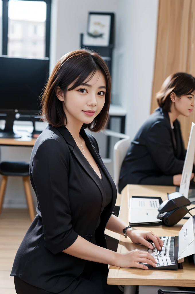 
(8k, RAW photo, photorealistic, HQ, masterpiece), a cute Japanese woman, (glowing eyes), (light smile:0.5), short hair, (business suit, blouse), (sitting on office chair), (typing on a computer keyboard:1.4), (Computer on the desk:1.4), background Large office, Depth of field rally background, backlighting, face light,