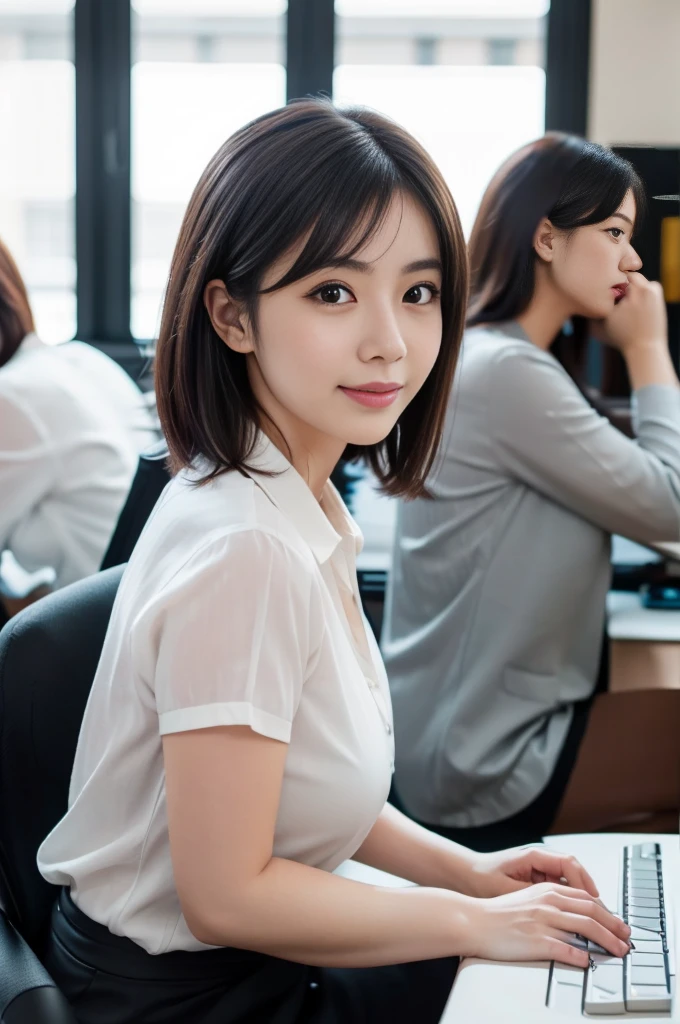 
(8k, RAW photo, photorealistic, HQ, masterpiece), a cute Japanese woman, (glowing eyes), (light smile:0.5), short hair, (business suit, blouse), (sitting on office chair), (typing on a computer keyboard:1.4), (Computer on the desk:1.4), background Large office, Depth of field rally background, backlighting, face light,