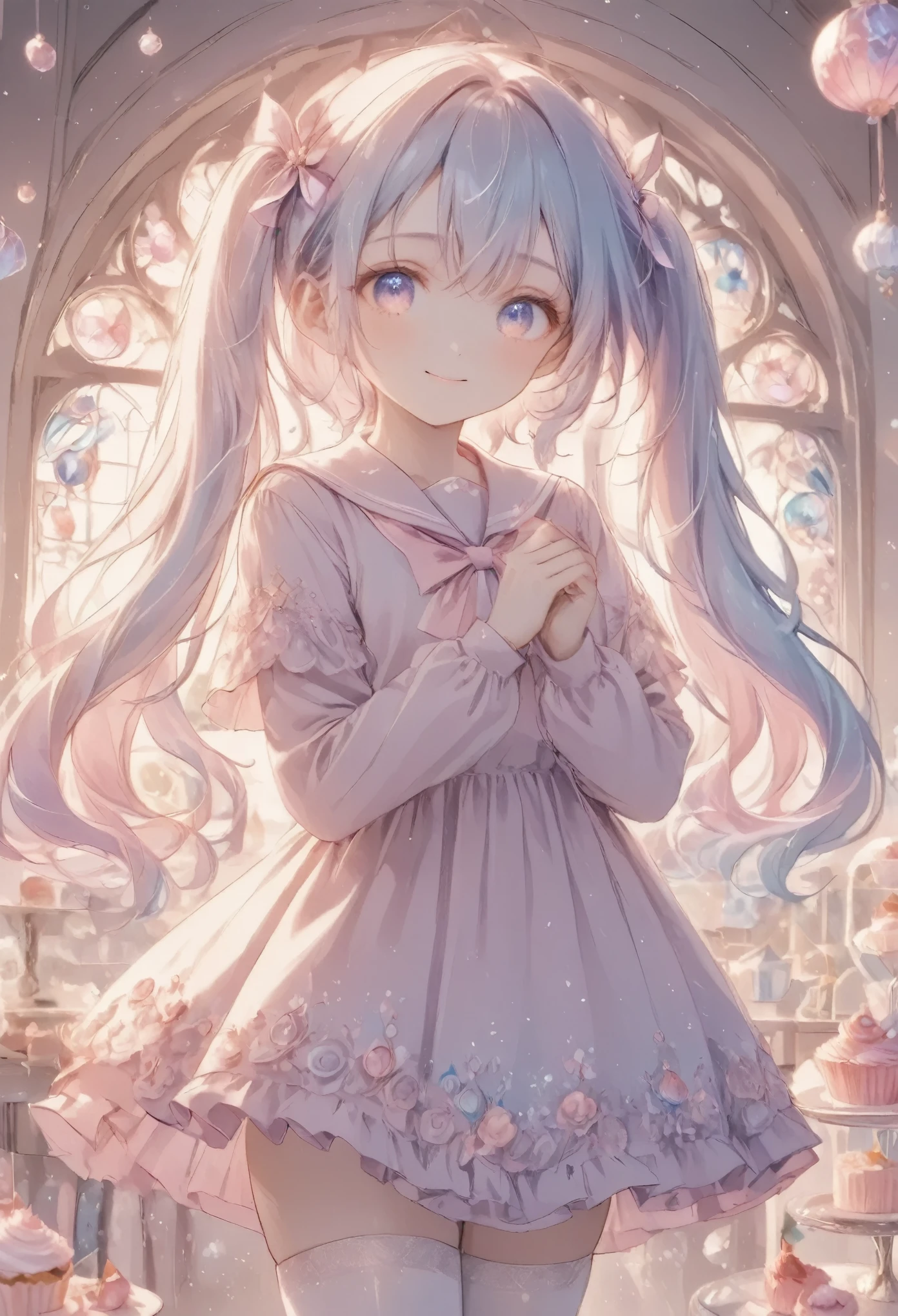 cute anime girl, crystal, pastel,
Low Fidelity (lofi) art style,
pastel pink and purple tones,
soft orange, twin-tails, mauve blue hair, school sailor, holding a cupcake, smile,one eye closed, intricate details, pastel colors, white stockings, elegant background with soft curtains, bright lighting, adorable pose, kawaii style, sweet and innocent vibe, delicate accessories, fantasy ambiance, soft glow