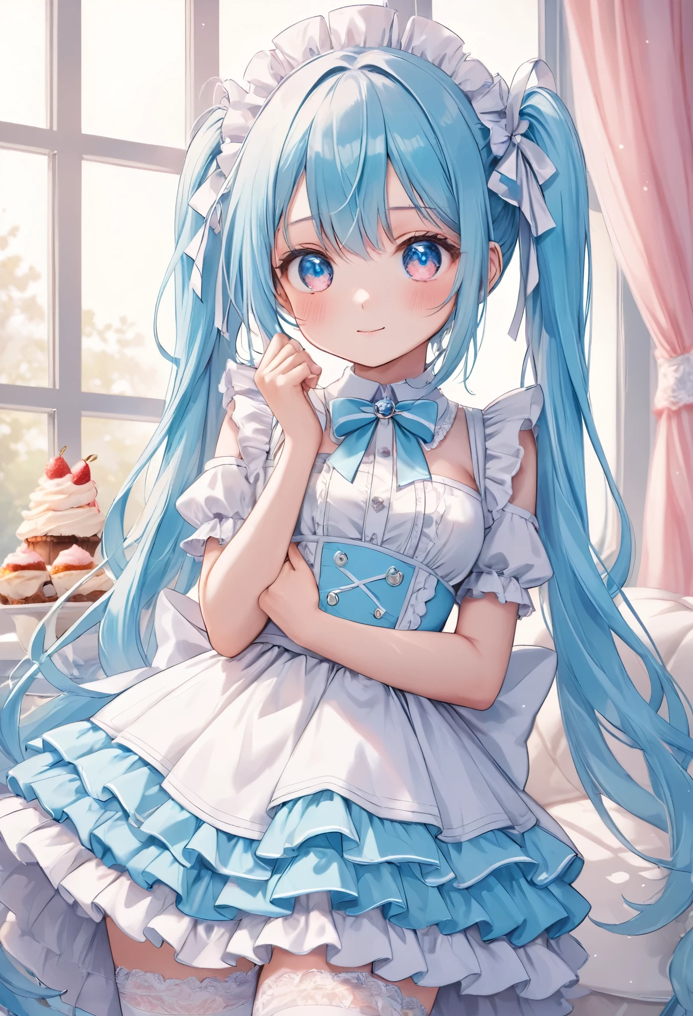 pop art, cute anime girl, twin-tails, blue hair, maid-inspired outfit, frilly dress with ribbons, white and blue color scheme, holding a cupcake, shy expression, intricate details, pastel colors, white stockings, lace and bow accents, elegant background with soft curtains, bright lighting, adorable pose, kawaii style, sweet and innocent vibe, delicate accessories, fantasy ambiance, soft glow