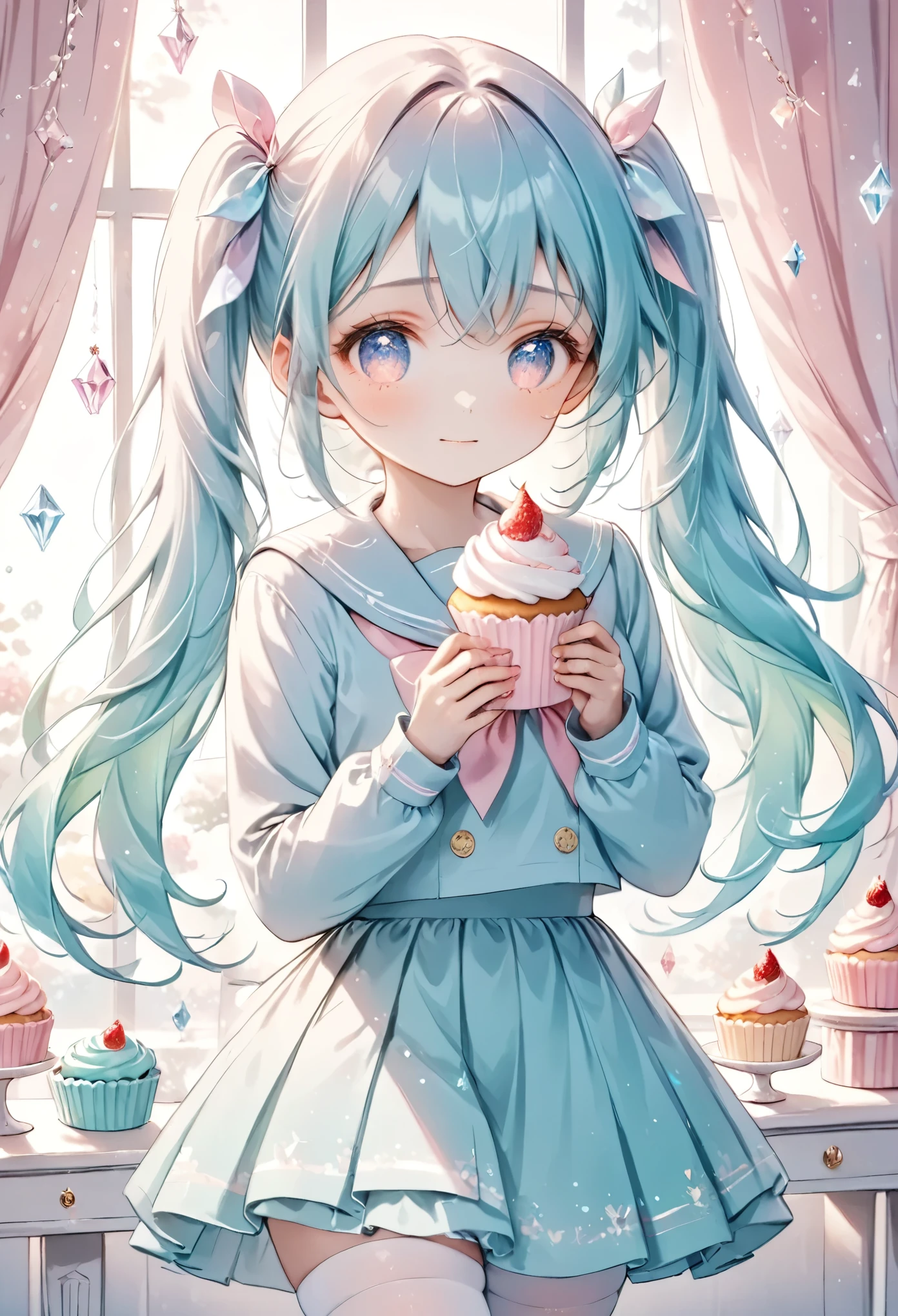 cute anime girl, crystal, pastel, theme color green, twin-tails, mauve blue hair, school sailor, holding a cupcake,sulky look, intricate details, pastel colors, white stockings, elegant background with soft curtains, bright lighting, adorable pose, kawaii style, sweet and innocent vibe, delicate accessories, fantasy ambiance, soft glow