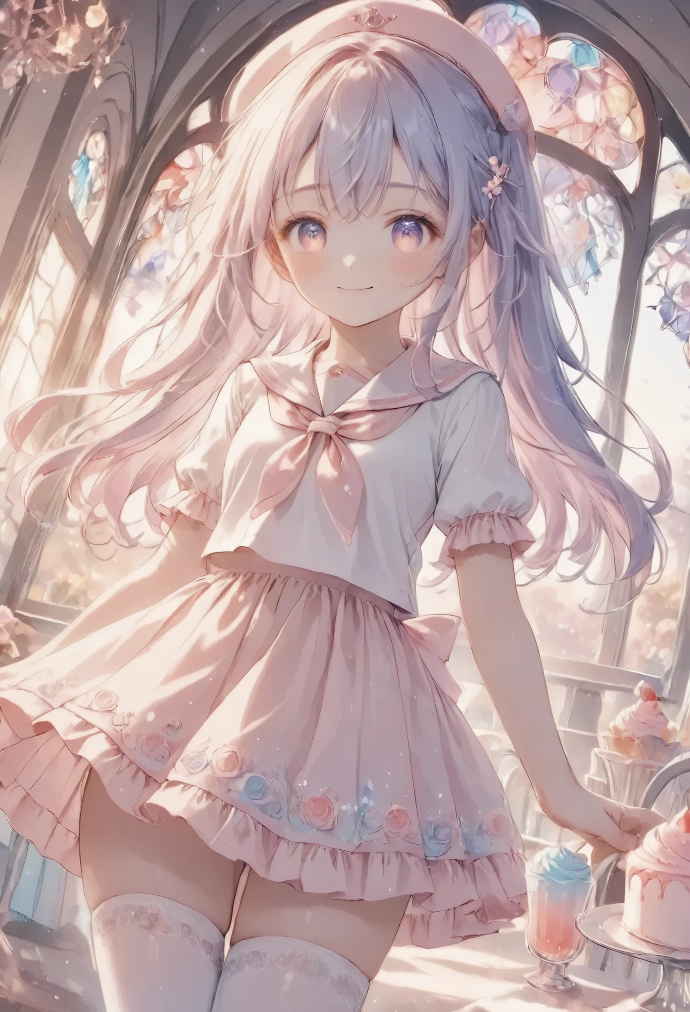 cute anime girl, crystal, pastel,
Low Fidelity (lofi) art style,
pastel pink and purple tones,
soft orange, twin-tails, mauve blue hair, school sailor, holding a cupcake, smile,one eye closed, intricate details, pastel colors, white stockings, elegant background with soft curtains, bright lighting, adorable pose, kawaii style, sweet and innocent vibe, fantasy ambiance, soft glow