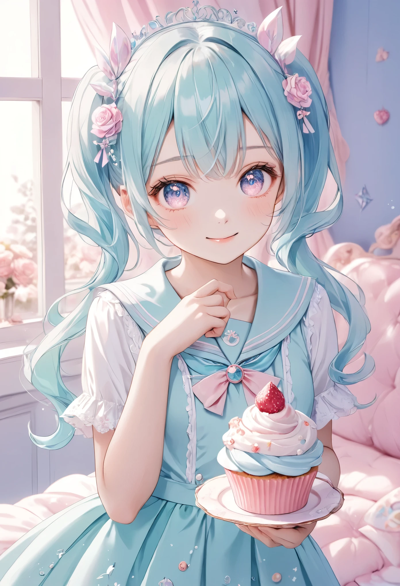 cute anime girl, crystal, pastel, theme color green, twin-tails, mauve blue hair, school sailor, holding a cupcake,sulky look, intricate details, smile,wink, pastel colors, white stockings, elegant background with soft curtains, bright lighting, adorable pose, kawaii style, sweet and innocent vibe, delicate accessories, fantasy ambiance, soft glow