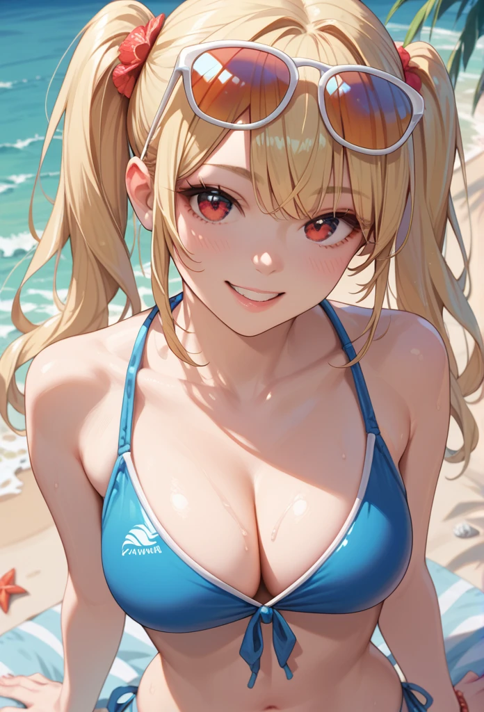  1girl, breasts, Alone, eyewear on head, navel, looking at viewer, crop top, cleavage, smile, Bikini, twintails, blonde hair, red eyes,beach、 swimsuit