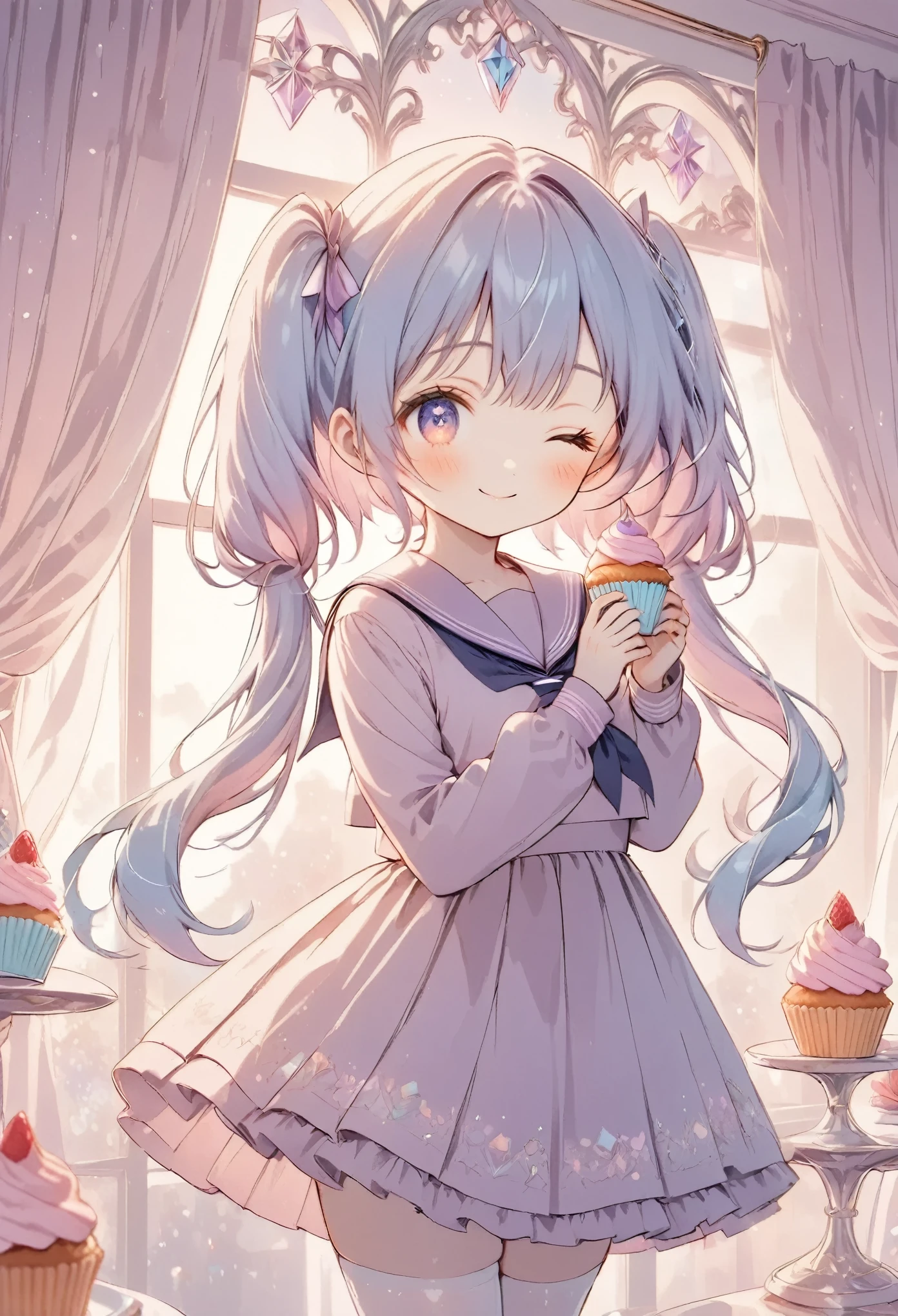 cute anime girl, crystal, pastel,
Low Fidelity (lofi) art style,
pastel pink and purple tones,
soft orange, twin-tails, mauve blue hair, school sailor, holding a cupcake, smile,one eye closed, intricate details, pastel colors, white stockings, elegant background with soft curtains, bright lighting, adorable pose, kawaii style, sweet and innocent vibe, fantasy ambiance, soft glow