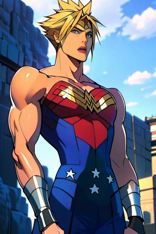 ( high definition), ( Best Quality ), ( high definition, ( Best Quality ), (Cloud Strife), (Overall view)  cool and handsome face    ,The beauty of Wonder Woman's costume, 18 years old,    toned and muscular  ,  cool and handsome face で  , SharpEye