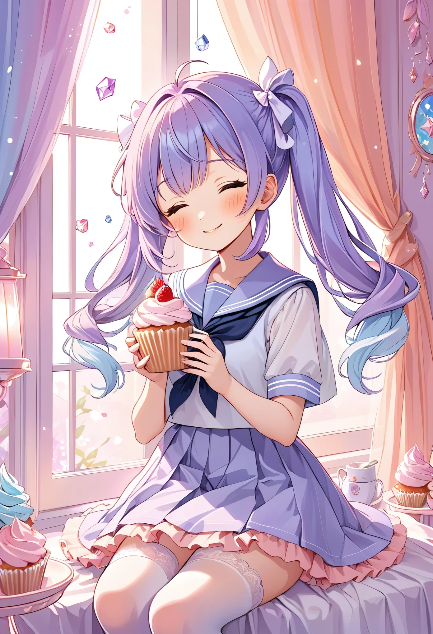 cute anime girl, crystal, pastel,
Low Fidelity (lofi) art style,
pastel pink and purple tones,
soft orange, twin-tails, mauve blue hair, school sailor, holding a cupcake, smile,one eye closed, intricate details, pastel colors, white stockings, elegant background with soft curtains, bright lighting, adorable pose, kawaii style, sweet and innocent vibe, fantasy ambiance, soft glow