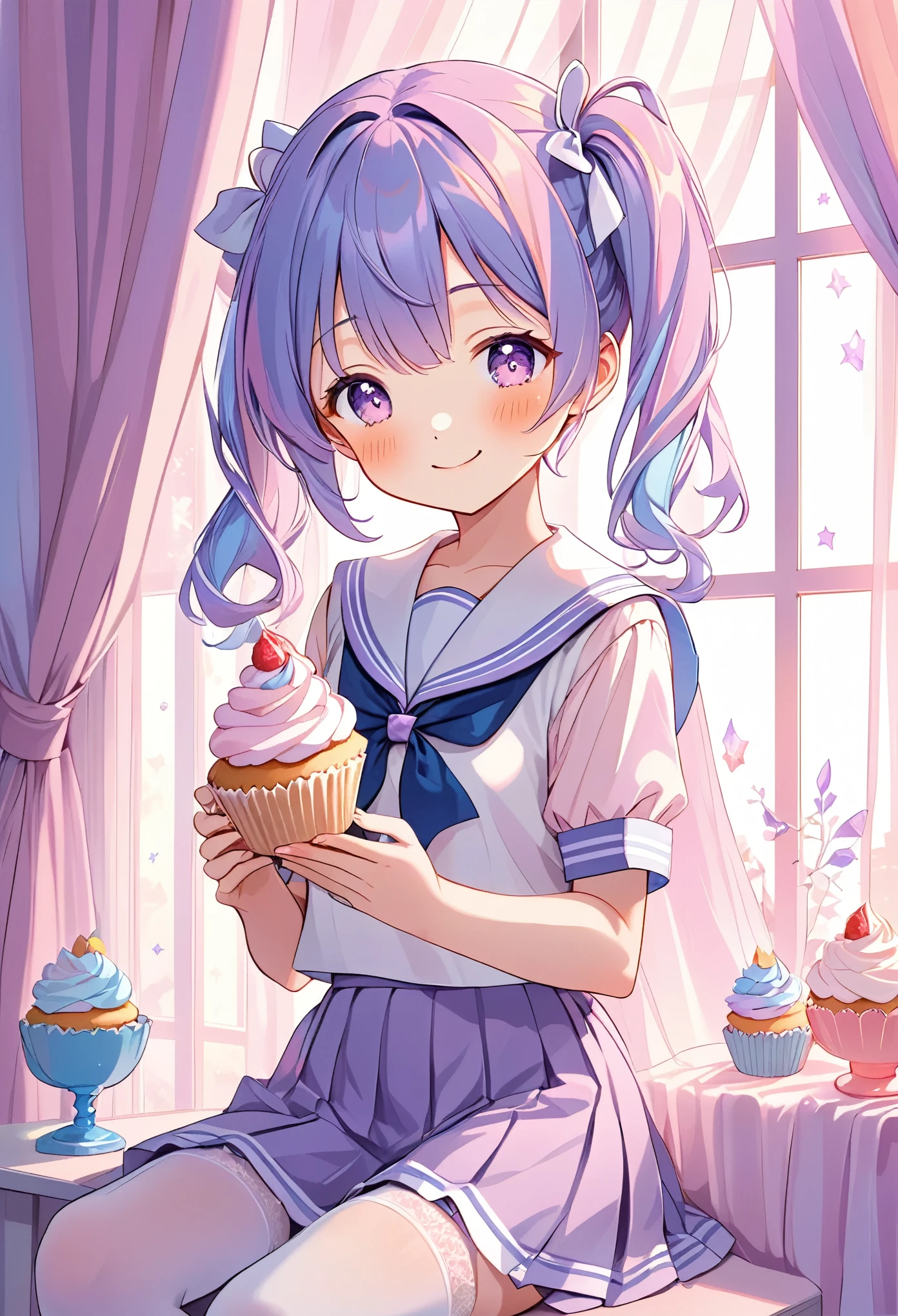 cute anime girl, crystal, pastel,
Low Fidelity (lofi) art style,
pastel pink and purple tones,
soft orange, twin-tails, mauve blue hair, school sailor, holding a cupcake, smile,one eye closed, intricate details, pastel colors, white stockings, elegant background with soft curtains, bright lighting, adorable pose, kawaii style, sweet and innocent vibe, fantasy ambiance, soft glow