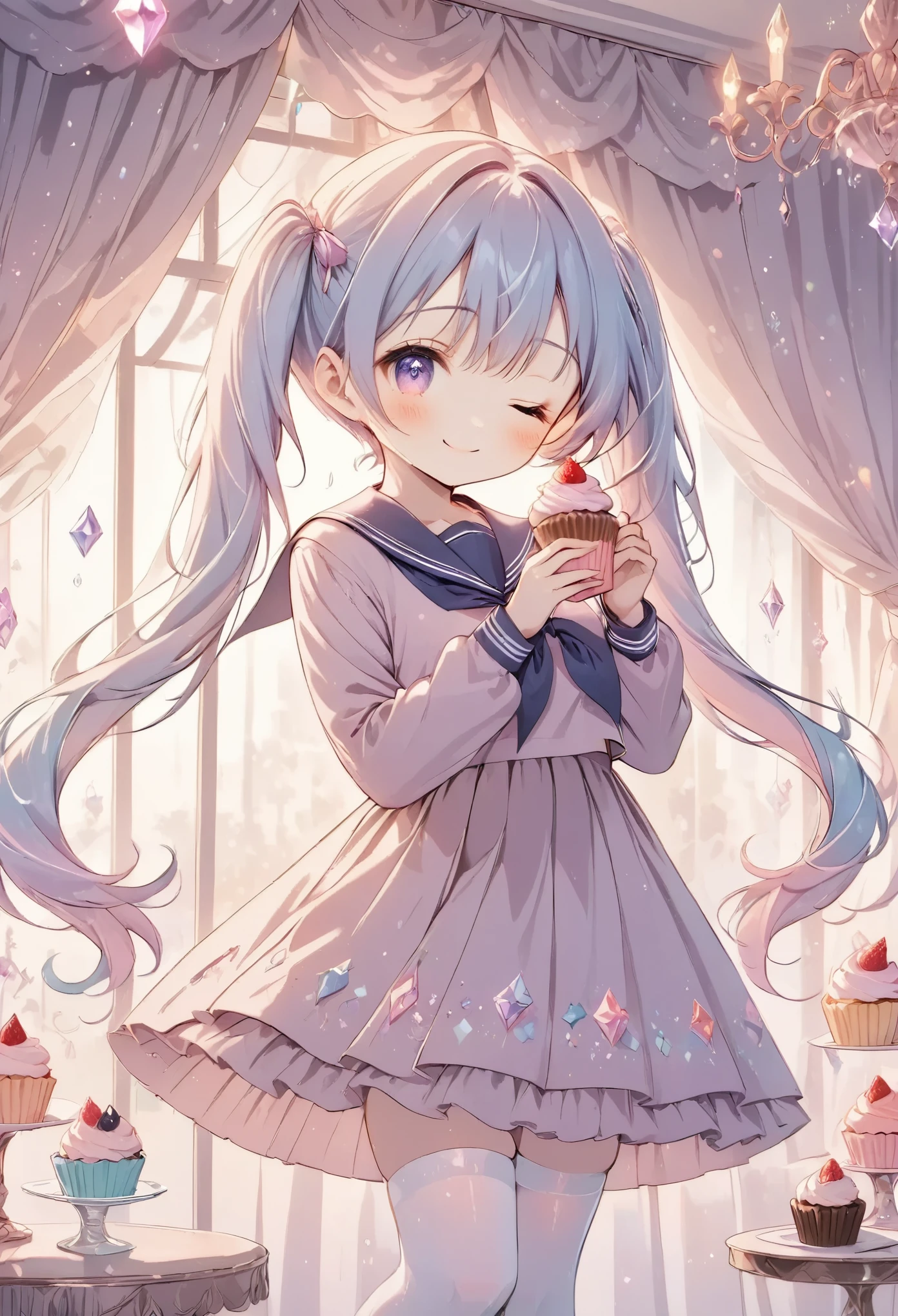 cute anime girl, crystal, pastel,
Low Fidelity (lofi) art style,
pastel pink and purple tones,
soft orange, twin-tails, mauve blue hair, school sailor, holding a cupcake, smile,one eye closed, intricate details, pastel colors, white stockings, elegant background with soft curtains, bright lighting, adorable pose, kawaii style, sweet and innocent vibe, fantasy ambiance, soft glow