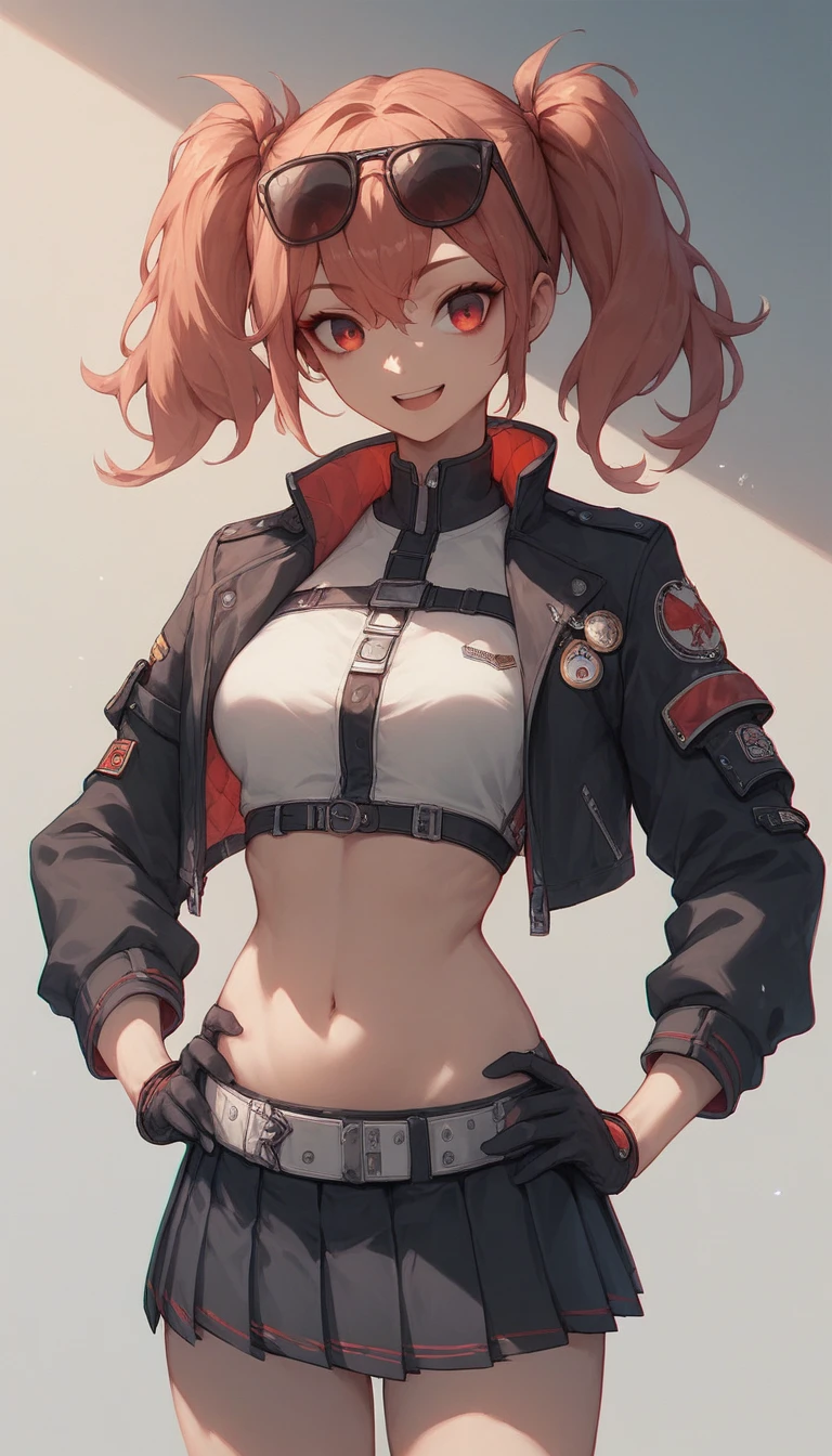  A girl in a black jacket and shorts is standing beside a bottle,  1 girl, Alone, skirt, cropped  jacket,  jacket, open  jacket, Absolute territory, breast, black skirt, pleated skirt, belly button,  hidden by my hair, abdomen, Open the clothes, Thighs丈, Glasses on head, stomach, Gloves, black Gloves,  crop top,  Twin Tails, sunglasses,  clevis,  put hands on hips , miniskirt,  skin pattern , Thighs, black  jacket,  long sleeve , belt, smile,  Cowboy Shots , red eyes, black Thighs丈
