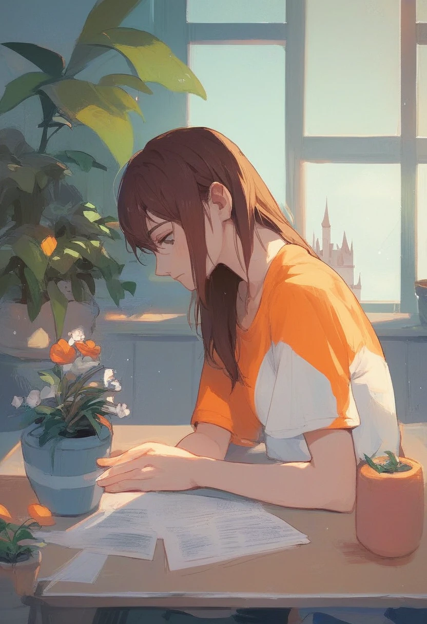 (masterpiece) (ultra_detailed) (best quality) shinomiya kikoru , wearing light orange t-shirt , doing homework at a desk , room sitting on a chair , small a plant in a flower pot in the background , beautiful , 1 girl , medium shot to close shot , hair down , pov (from top) (look over) (from the side), side profile (looking down) doing her work, t-shirt display orange knight from castle crashers. 