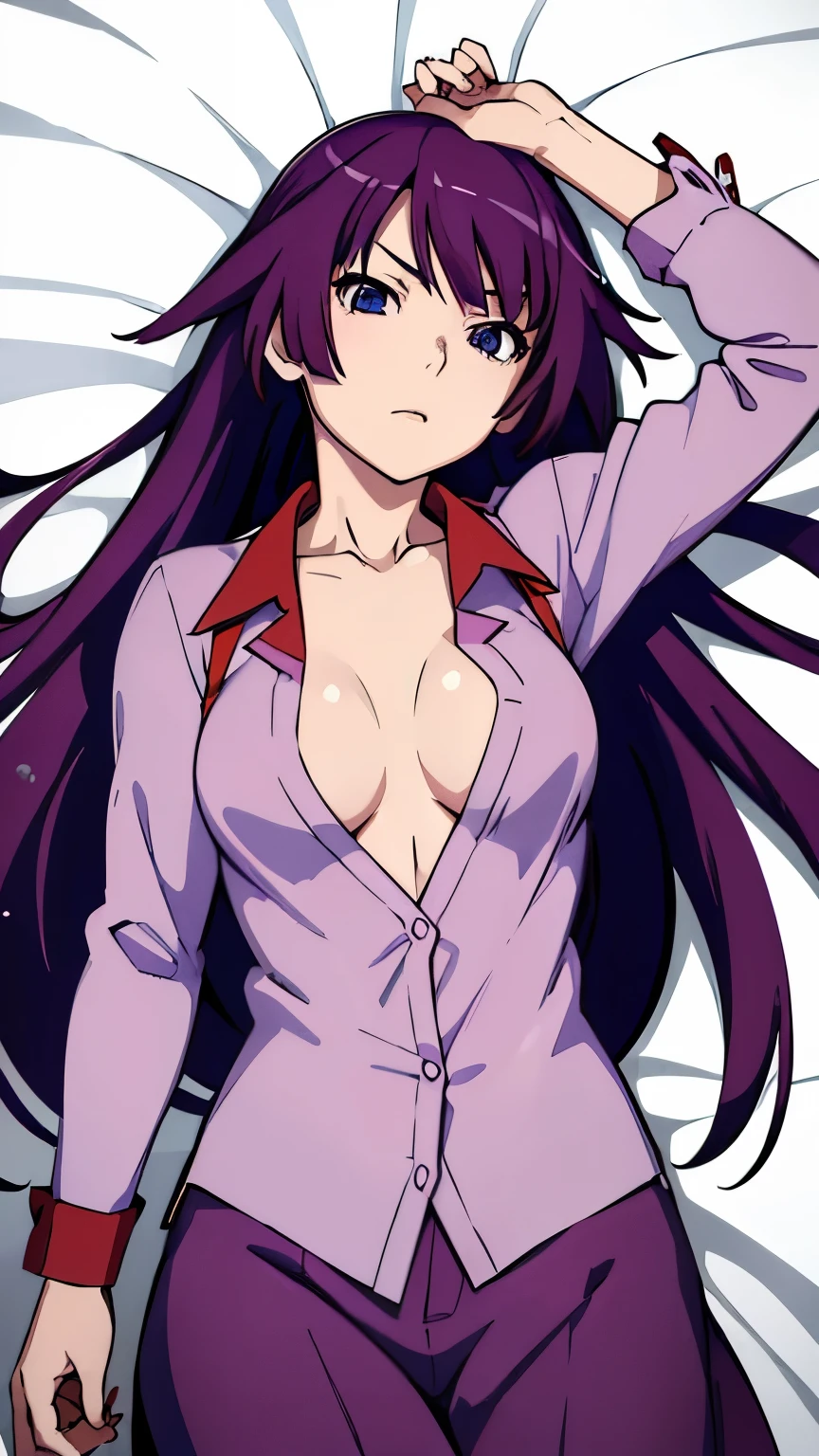 ((hitagisenjougahara)), a girl, Alone,  long hair, blue eyes, purple hair, Lying on the bed open shirt showing breasts 