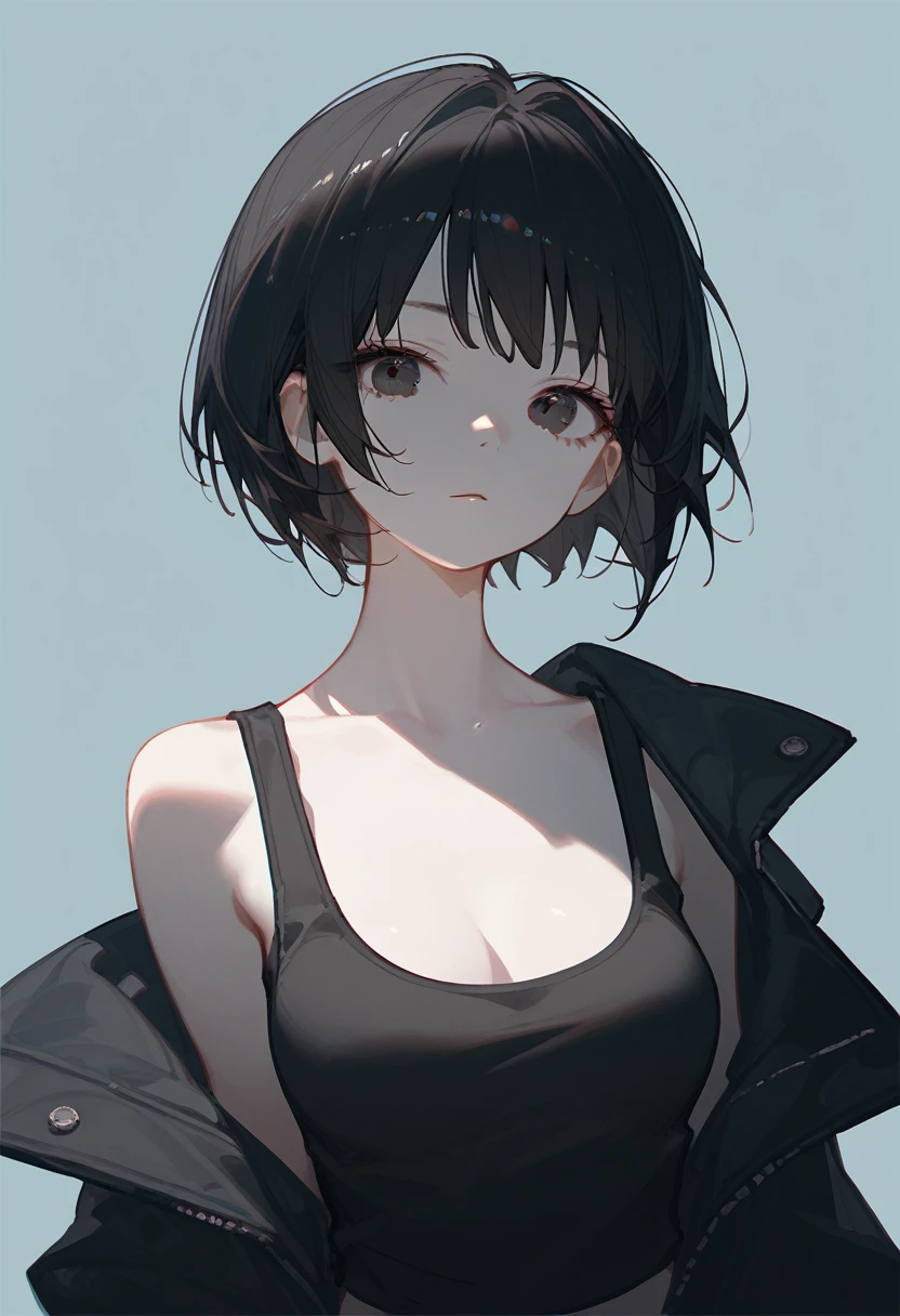 1 girl, black hair, very short hair, split bangs, black eyes, pale skin, medium breasts, half body potrait, cool girl ,open shoulder black jacket, ,black tank top ,simple background, split bangs.