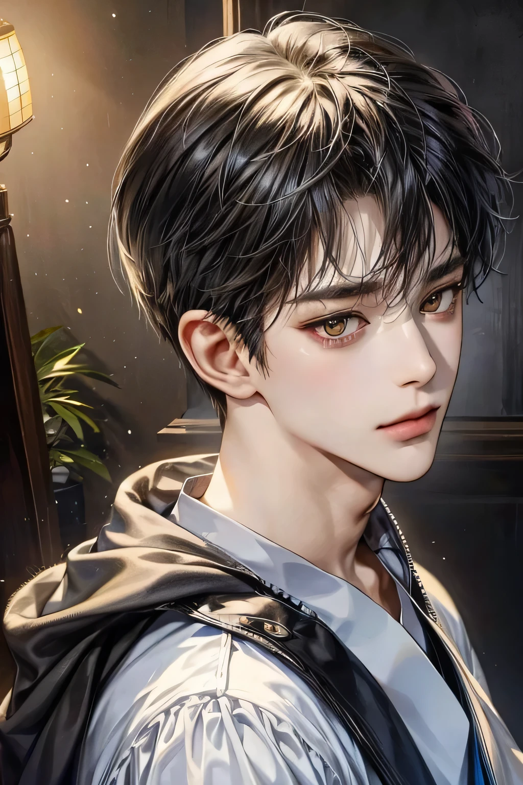 masterpiece, best quality, Detailed Eyes, high quaility, 1 male, male, 1 boy, gentle, soft, handsome, tall, black hair, yellow eyes, have a broad shoulders, One person, a hadsome man, Korean man, cool man, ((현진이랑 얼굴 비슷함))、 undercut, ((짧은 머리)), skinny, ((와이셔츠를 입고 있어)), ((하얀색 배경))