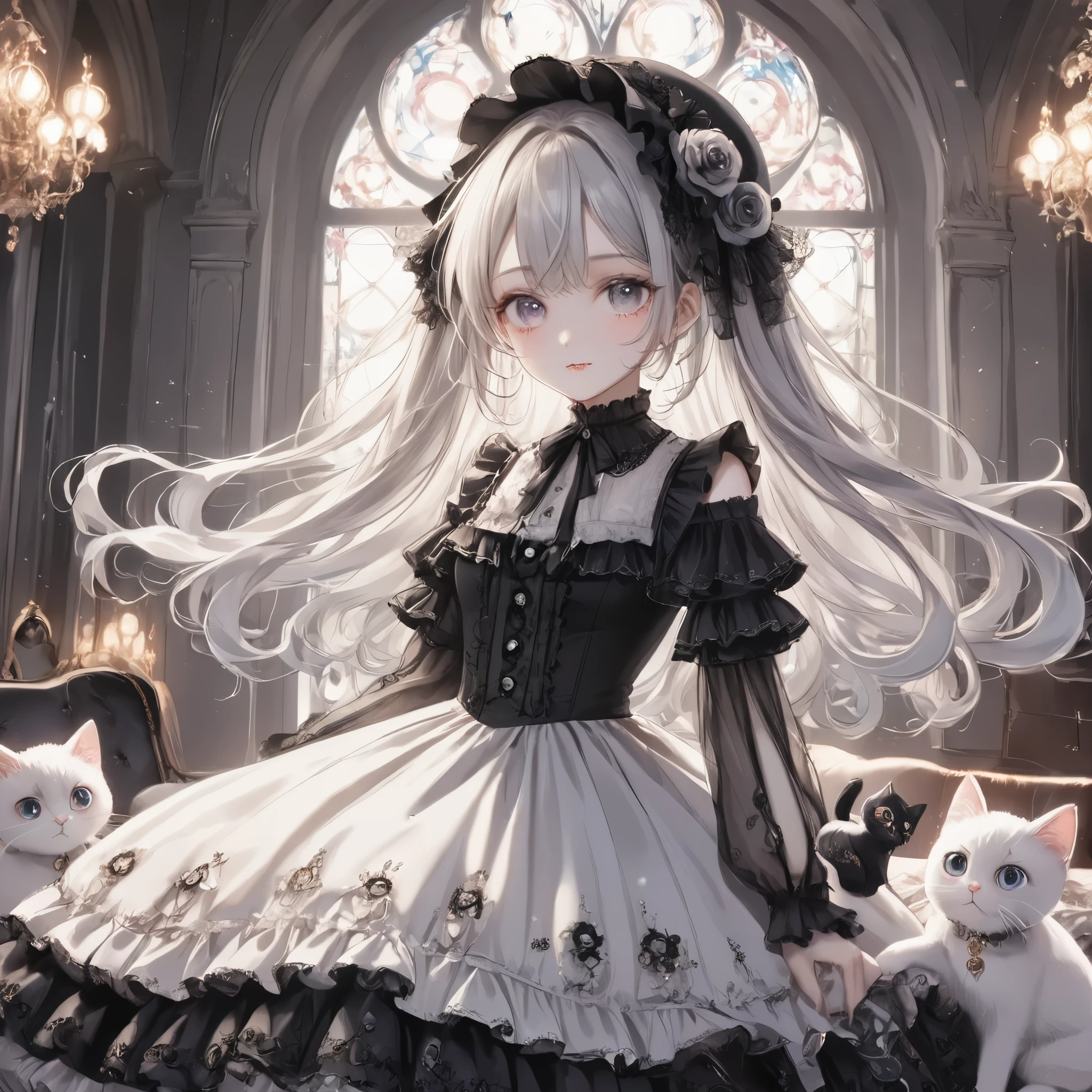 dark gothic,pastel,gothic ****ta fashion, twin girls, one in white dress, one in black dress, intricate lace and frills, victorian-inspired attire, holding large roses, cute gothic dolls, black cat with top hat, white cat with hat, pastel color scheme, elegant and detailed outfits, soft expressions, contrasting dark and light themes, vintage frame, whimsical atmosphere, background big heart,fantasy style, kawaii aesthetic, delicate accessories, magical vibe