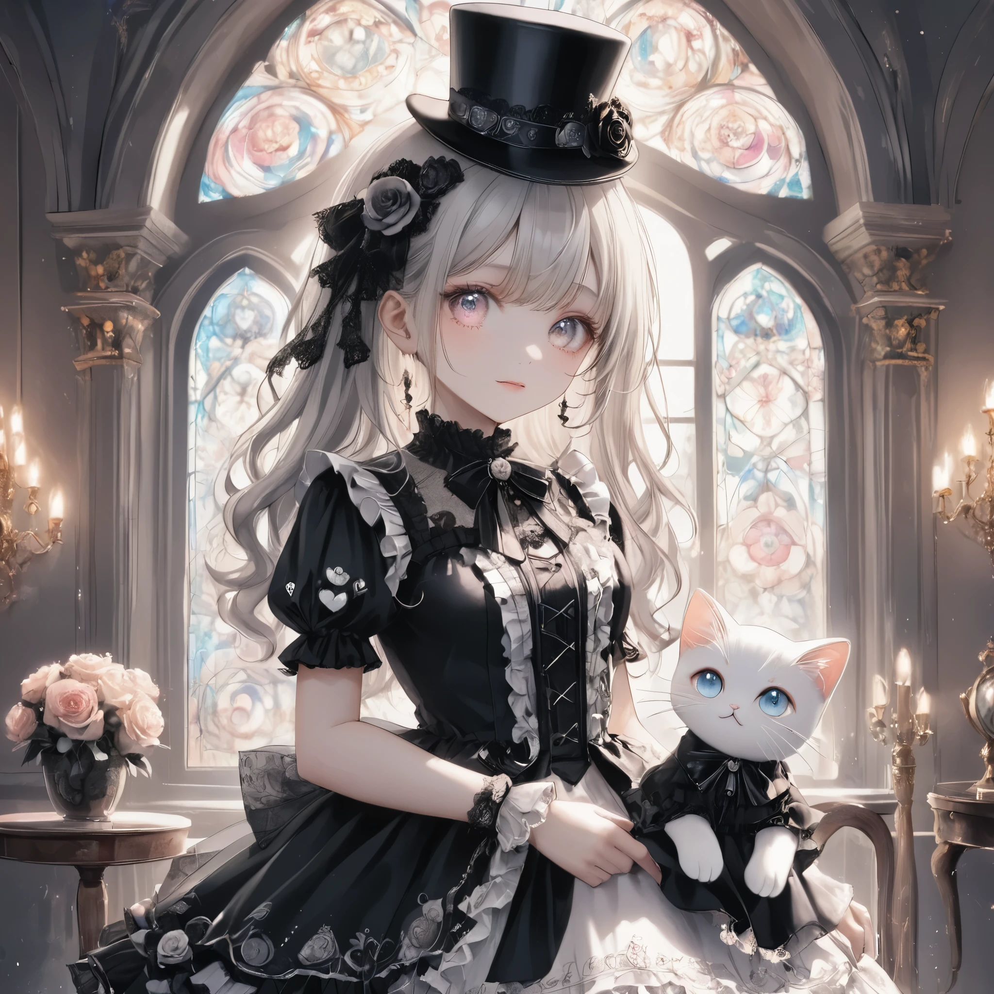 dark gothic,pastel,gothic ****ta fashion, twin girls, one in white dress, one in black dress, intricate lace and frills, victorian-inspired attire, holding large roses, cute gothic dolls, black cat with top hat, white cat with hat, pastel color scheme, elegant and detailed outfits, soft expressions, contrasting dark and light themes, vintage frame, whimsical atmosphere, background big heart,fantasy style, kawaii aesthetic, delicate accessories, magical vibe