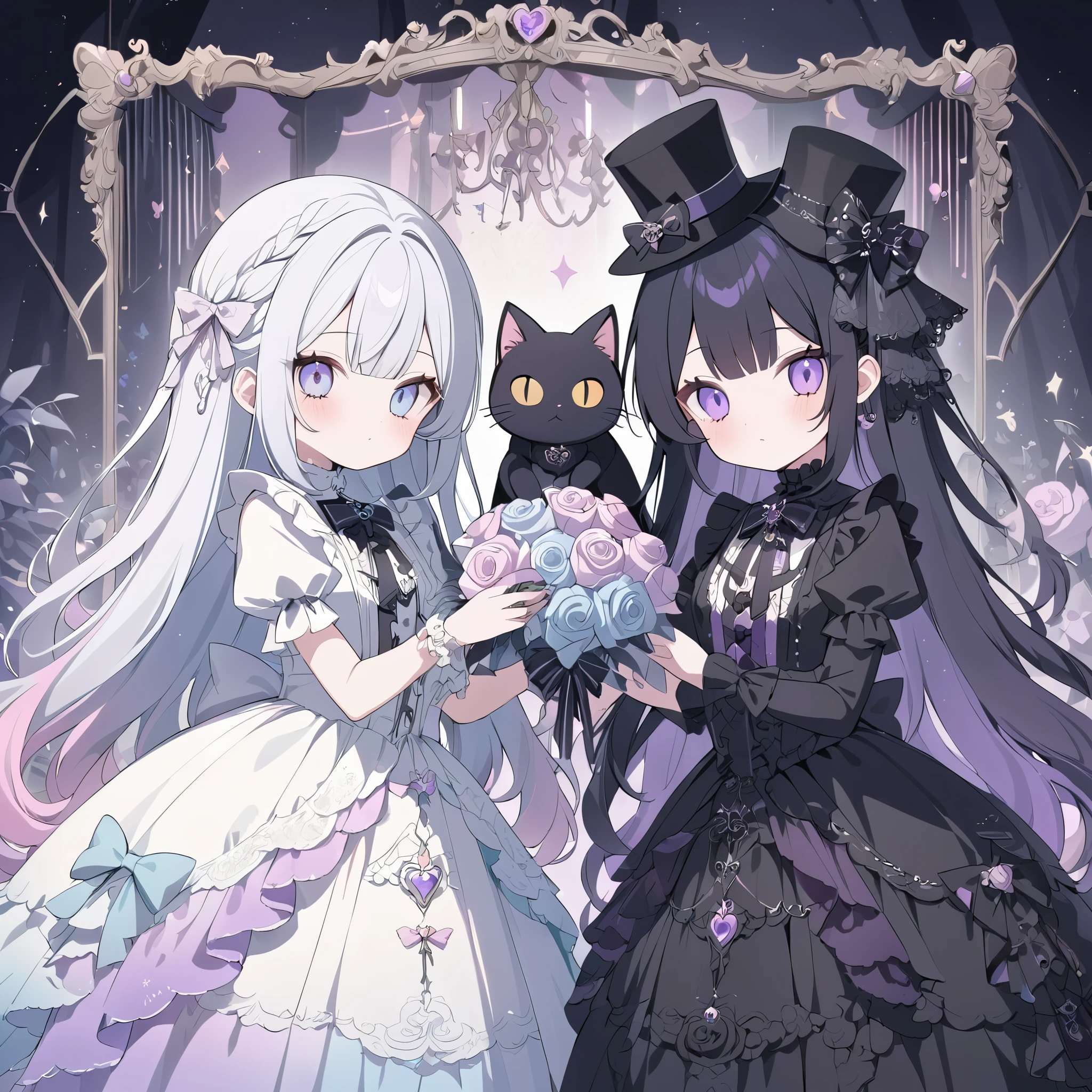 dark gothic,pastel,gothic lolita fashion, twin girls, one in white dress, one in black dress, intricate lace and frills, victorian-inspired attire, holding large roses, cute gothic dolls, black cat with top hat, white cat with hat, pastel color scheme, elegant and detailed outfits, soft expressions, contrasting dark and light themes, vintage frame, whimsical atmosphere, fantasy style, kawaii aesthetic, delicate accessories, magical vibe