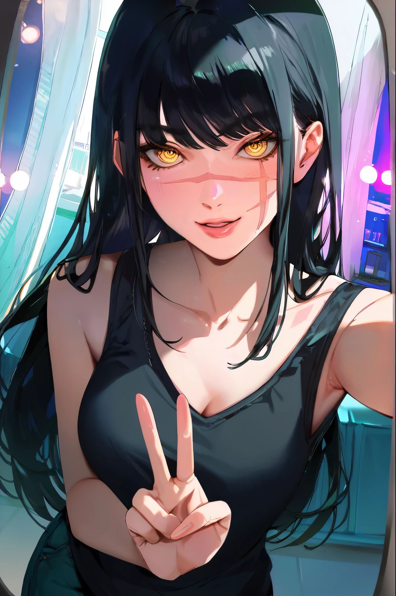 score_9, score_8_up, score_7_up, score_6_up, (masterpiece: 1.0), best quality, BREAK, 1girl, yoru, scar on cheek, cross scar, long hair, black hair, yellow eyes, ringed eyes, selfie, peace sign, mirror reflection, bounce lights, perfect anatomy, perfect composition, perfection