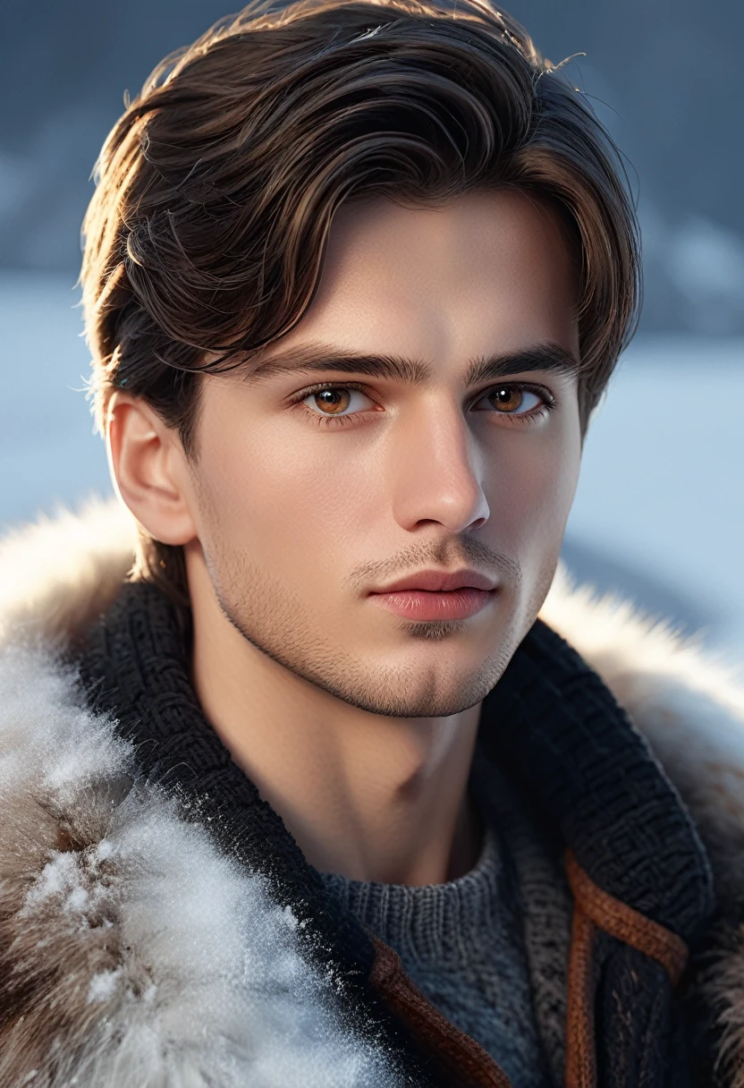 ( best quality,4K,8 k, high resolution ,masterpiece:1.2), ultra-detailed,( Realistic ,photo Realistic ,photo- Realistic :1.37), 
beautiful Scandinavian (((( man))) (25 years old) ,  moderately pumped  ,  above the upper lip on the right ,  white scar with black hair (((to the shoulders,))) , with brown eyes dressed in Scandinavian style, black wool sweater,  on top fur coat  , ,  in Scandinavian countries covered in snow holds an old map ,  cinematic lighting ,  dramatic camera angles , ( best quality,4K,8 k, high resolution ,masterpiece:1.2), ultra-detailed,( Realistic ,photo Realistic ,photo- Realistic :1.37), girl beautiful detailed eyes, beautiful lips,  In detail,  extremely detailed eyes and face ,   long lashes ,  dramatic lighting ,  cinematic composition ,  dynamic pose , stunning colors, digital painting, 