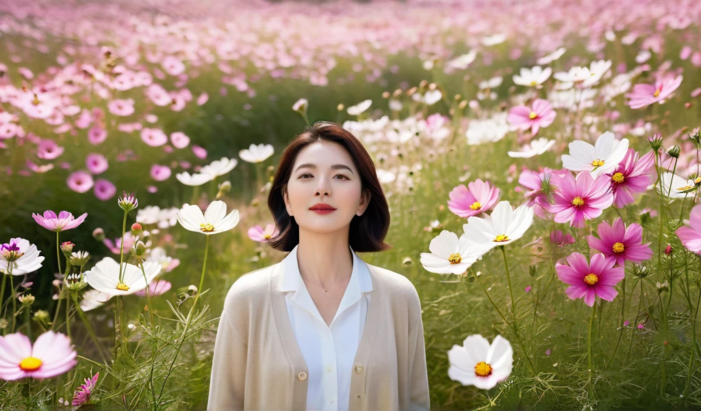 Beautiful 40's Korea  .  1 woman , I wore a luxury luxury mid-length beige cardigan over a luxurious white shirt that warms my chest. I was wearing a luxurious pleated long skirt. I'm standing in a field of cosmos flowers in full bloom.  Many cosmos are in full bloom . Realistic flowers reflect cosmos flowers  , short medium length hair,  I take a full-body photo with a wide-angle lens  .  1 woman . It's blurry like an old picture, and the image quality is slightly blurry . A middle-aged woman in her 40s who looks a bit older. She is 155 cm tall, and she is a small, average looking woman. I'm wearing white sneakers . Cosmos flowers are realistic and realistic, Looking down at the palace . Cosmos flowers are in harmony with white and pink