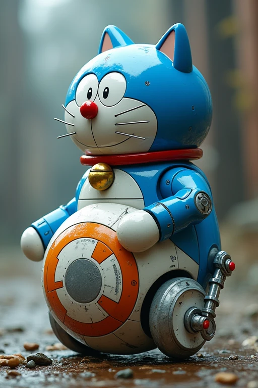 A creative multi-face swap illustration featuring Doraemon and Darth Vader, combining their iconic features in a playful and surreal manner. The background should be a vibrant sci-fi landscape with a blend of futuristic and cartoonish elements, showcasing the fun interaction between the two characters.