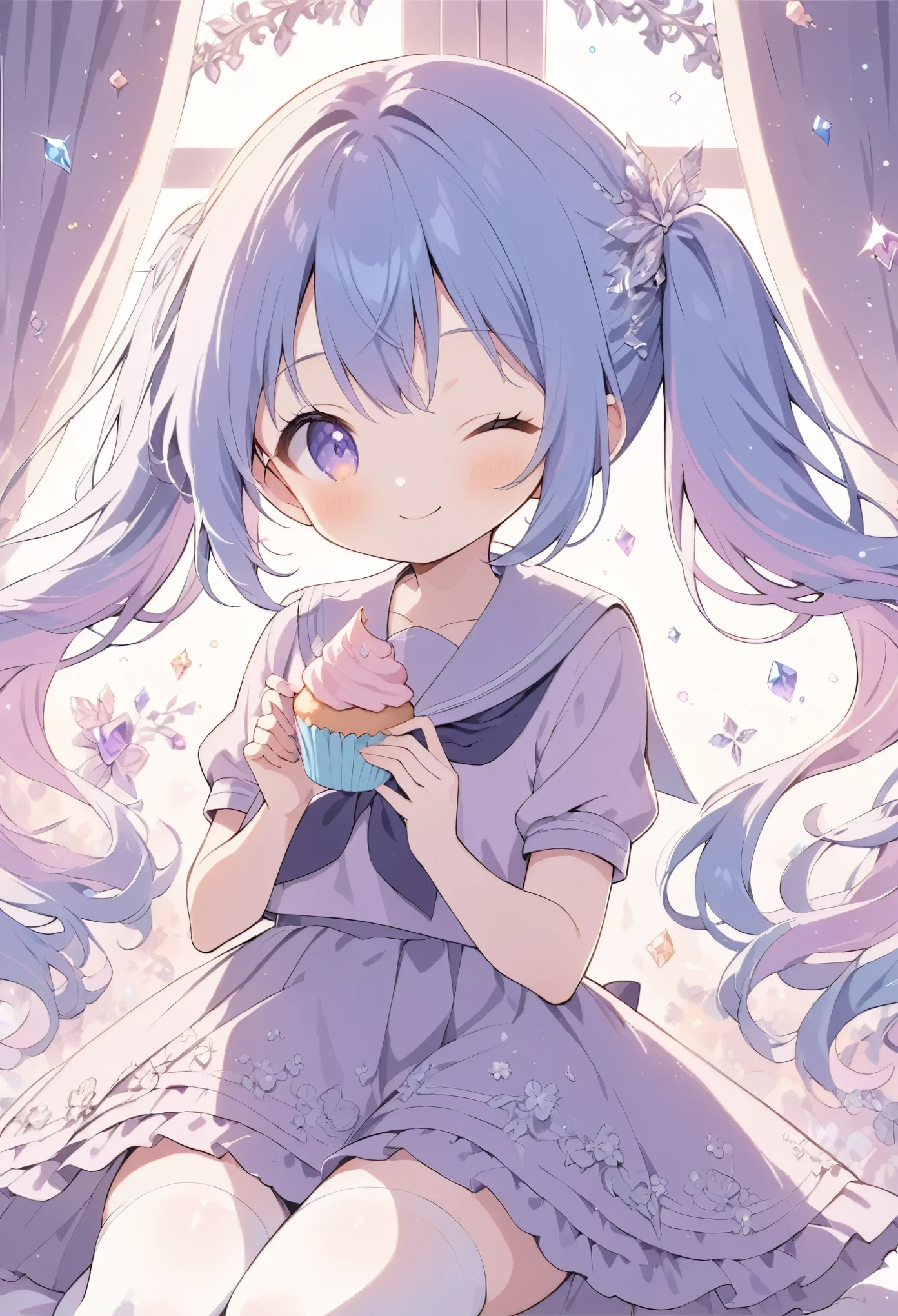 cute anime girl, crystal, pastel,
Low Fidelity (lofi) art style,
pastel pink and purple tones,
soft orange, twin-tails, mauve blue hair, school sailor, holding a cupcake, smile,one eye closed, intricate details, pastel colors, white stockings, elegant background with soft curtains, bright lighting, adorable pose, kawaii style, sweet and innocent vibe, fantasy ambiance, soft glow