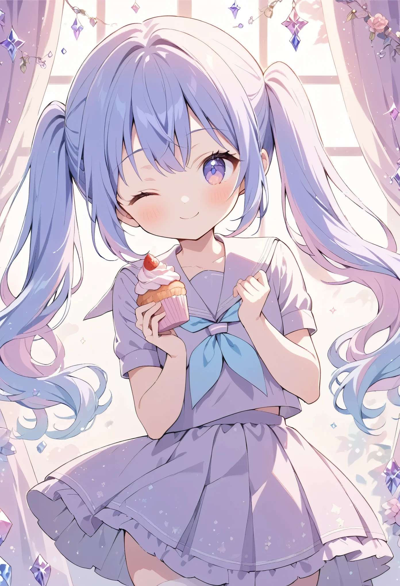 cute anime girl, crystal, pastel,
Low Fidelity (lofi) art style,
pastel pink and purple tones,
soft orange, twin-tails, mauve blue hair, school sailor, holding a cupcake, smile,one eye closed, intricate details, pastel colors, white stockings, elegant background with soft curtains, bright lighting, adorable pose, kawaii style, sweet and innocent vibe, fantasy ambiance, soft glow