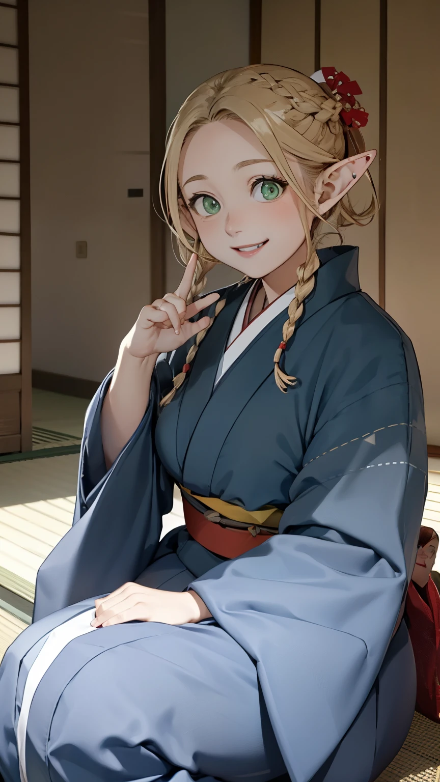 (masterpiece, Best Quality)，32K，  Details, 1 person ,  Silver Accessories ，Very chubby girl， short stature ，blonde， elegant，( pointed ears)，((kimono))，green，(((kimono)))， Avoid Light Makeup ， light brown hair，Long Hair，(Full body images:0.85)，(Accentuate your big butt)，Laughter，masterpiece，Best Quality， gentle smile ， captivating gaze ， random hairstyles， Japanese-style room 、Shoji screen、lanthanum、 has a smiling face ，((Required :Precise Five Fingers ))、正確で  Detailsな女性のきれいな指，