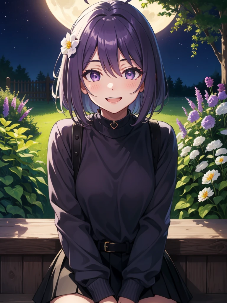 Best Quality,  anatomically correct, masterpiece,  1 girl, solo, Purple Hair, Bob Hair, Slanted Eyes,Light purple eyes,Beautiful breasts, small breasts,((white crewneck sweater)), black skirt,Black belt,Black choker, Blushing ,  show your teeth and laugh , happiness/joy,  Seductive Smiles, Mischievous,  close one eye, on your lap, simple background , garden,Moonlit Night