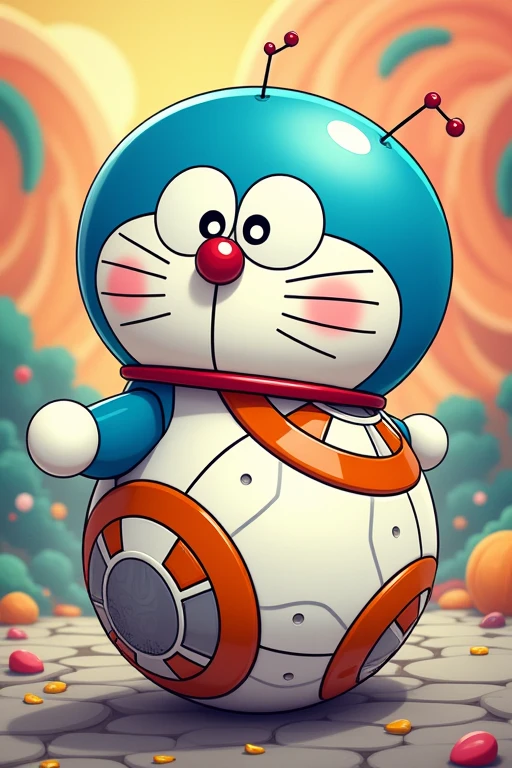 A creative multi-face swap illustration featuring Doraemon and Darth Vader, combining their iconic features in a playful and surreal manner. The background should be a vibrant sci-fi landscape with a blend of futuristic and cartoonish elements, showcasing the fun interaction between the two characters.