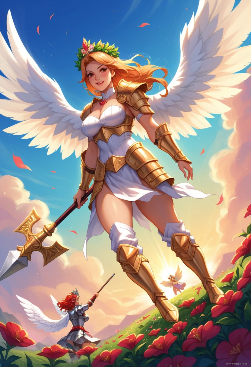  The best quality, mature women, mature faces , many curves, seductive,  silver armor ,  flower crowns , Gold jewelry, Goddesses, big white wings , short golden hair,  short red hair ,  long black hair , Long white hair,  short green hair ,  fringes thin ,  all girls with red eyes ,  in his left hand he holds a large shield ,  in his right hand holds a battle hammer, he wears full silver armor ,  human warriors ,  women flying , background the sky, wings spread,  several girls in the sky , chicas con  silver armor , girls with red eyes ,  girls with different hair colors, Valkyries , valkyrias.