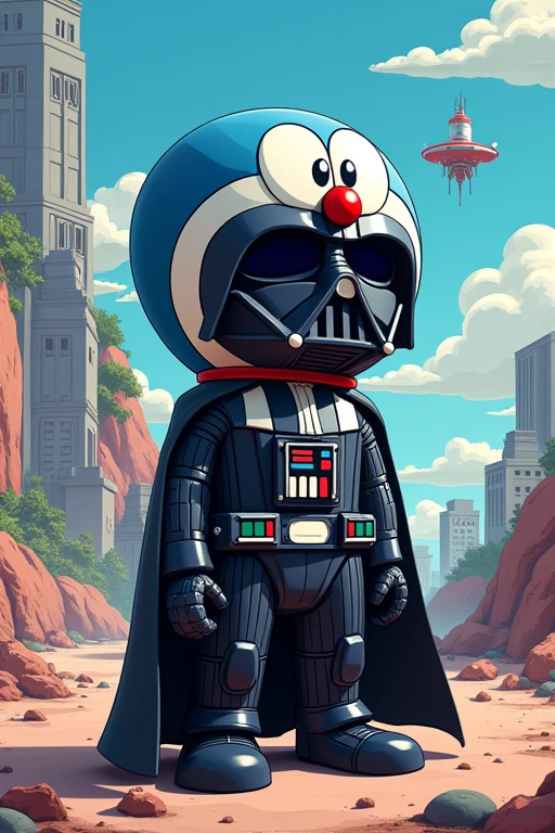 A creative multi-face swap illustration featuring Doraemon and Darth Vader, combining their iconic features in a playful and surreal manner. The background should be a vibrant sci-fi landscape with a blend of futuristic and cartoonish elements, showcasing the fun interaction between the two characters.