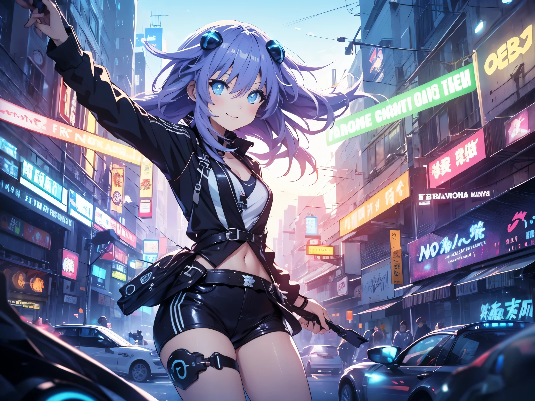 Masterpiece picture quality,Rainbow,Urban girl,ssmile,number art,style of anime,Retro anime girl,Punk girl,in an anime style,dual horsetail,Trendy,neonlight,depth of fields, Primer plano,