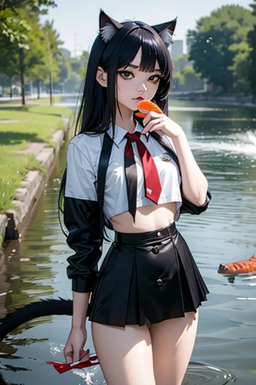 masterpiece, high resolution, best quality, ultra-minimal body, ultra-minimal height, flat chest, baby face, girl in school uniform by the river feeding fish to a kitten, cat ears, cat tail, colored hair, piercing, makeup, tattoo