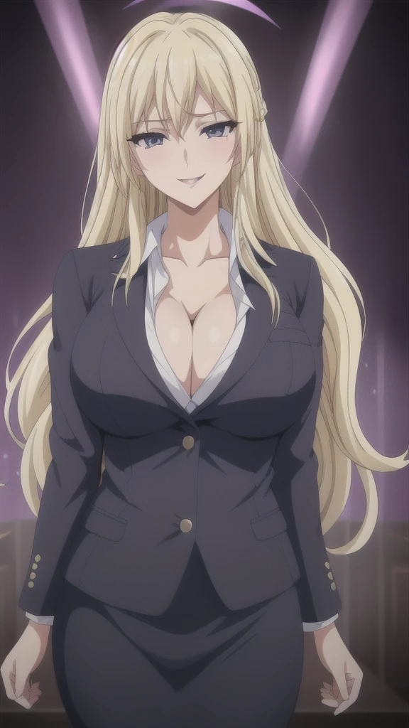   erotic 、Blonde、Big Breasts, Alone,teacher、 An open navy blue blazer、Black pencil skirt,  Purple Wicked Background 、 Best Quality,  detailed face, Detailed eyes,  high resolution on down,、Evil female executive、 wicked smile、 cleavage、 sexy pose、Fallen into evil、Fall into Darkness、Dark Side、excited、lure