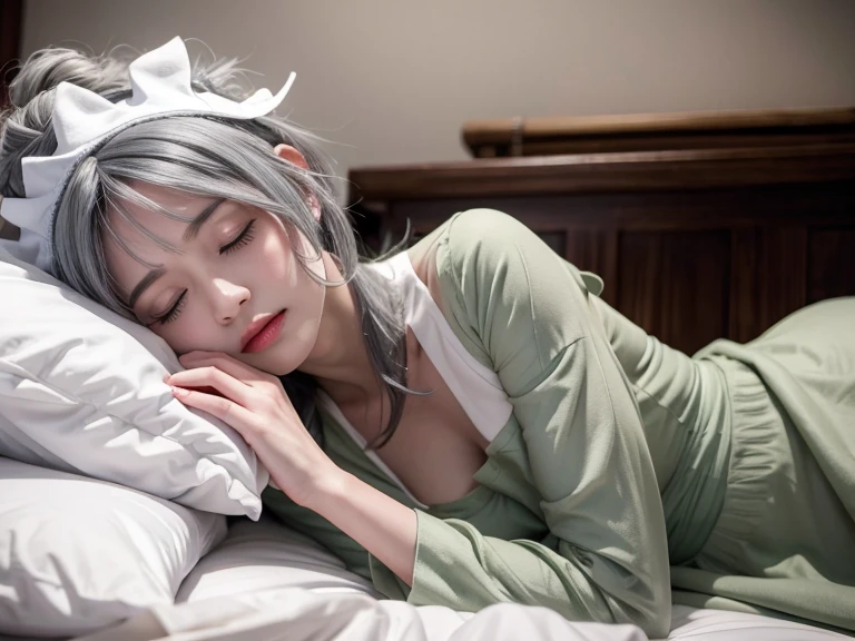 syr flova, grey hair, maid headdress, green dress, apron, breasts, eyes closed, sleeping, lying on bed, waist up
