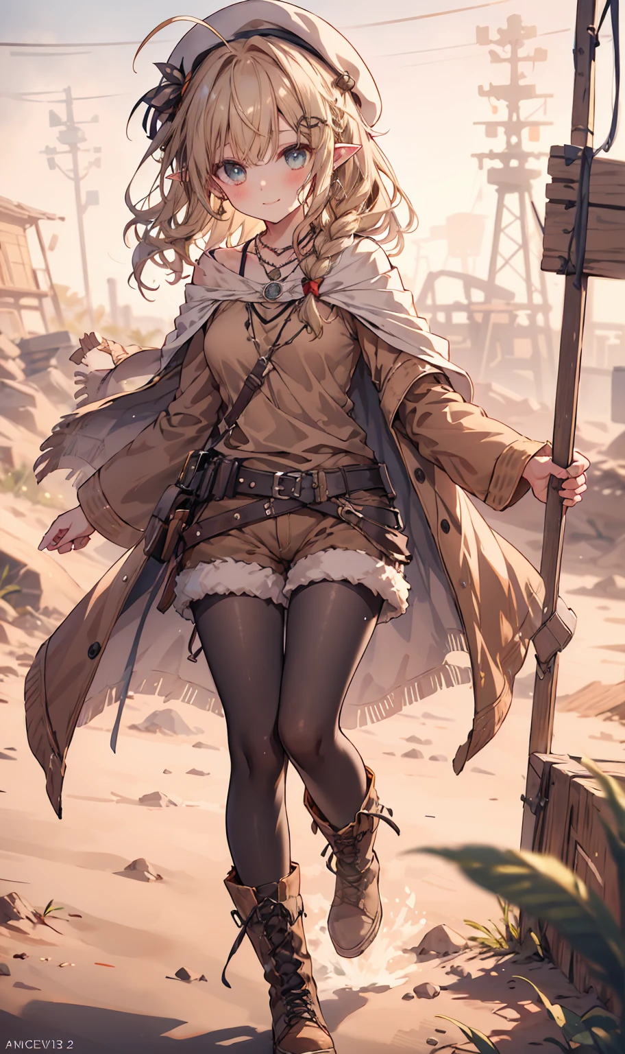 masterpiece, 1 girl, sparrow, a blonde haired girl, wearing a priestess clothes, curly long hair, messy hair, slim body, he close her left eye, shirt ornament, ruby eyes, ahoge, , long sleeves, beautiful eyes, droopy eyes, her age is 19, nagisa_bluearchive, innocent face, medium hair, seductive smile, curly hair, MongolPunkAI, medium breasts, she tease you, lend a hand to you, she very close to you, rainbow_one, adventurer clothes, brown shorts, crocth tattoo, necklace, innocent smile, brown clothes, brown shirt, boots, braid hair, white pantyhose, braid hair, beret, pointy ears, cape coat