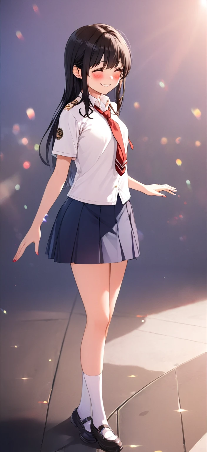 1 woman,High school girl, cute woman ,Wearing a white uniform, navy blue skirt,The tie is red,Black Hair,blush,Looking Down, big smiles at handshake event 