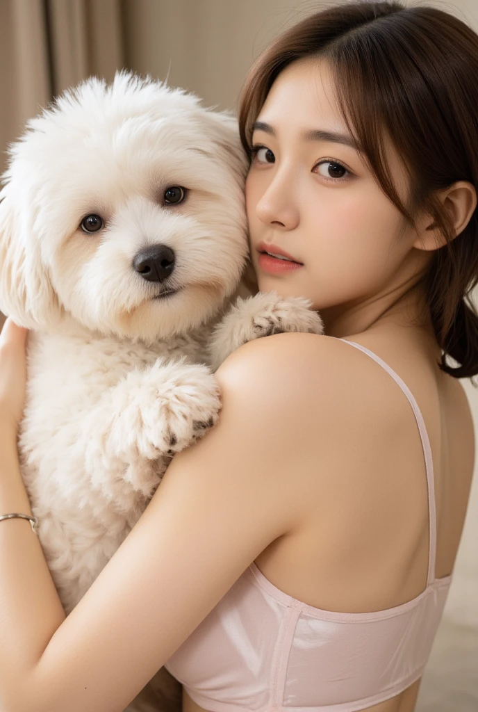 A girl with a Maltese puppy. Her face is very innocent and pretty Korean girl. Her breasts are very huge. She is wearing only lingerie.