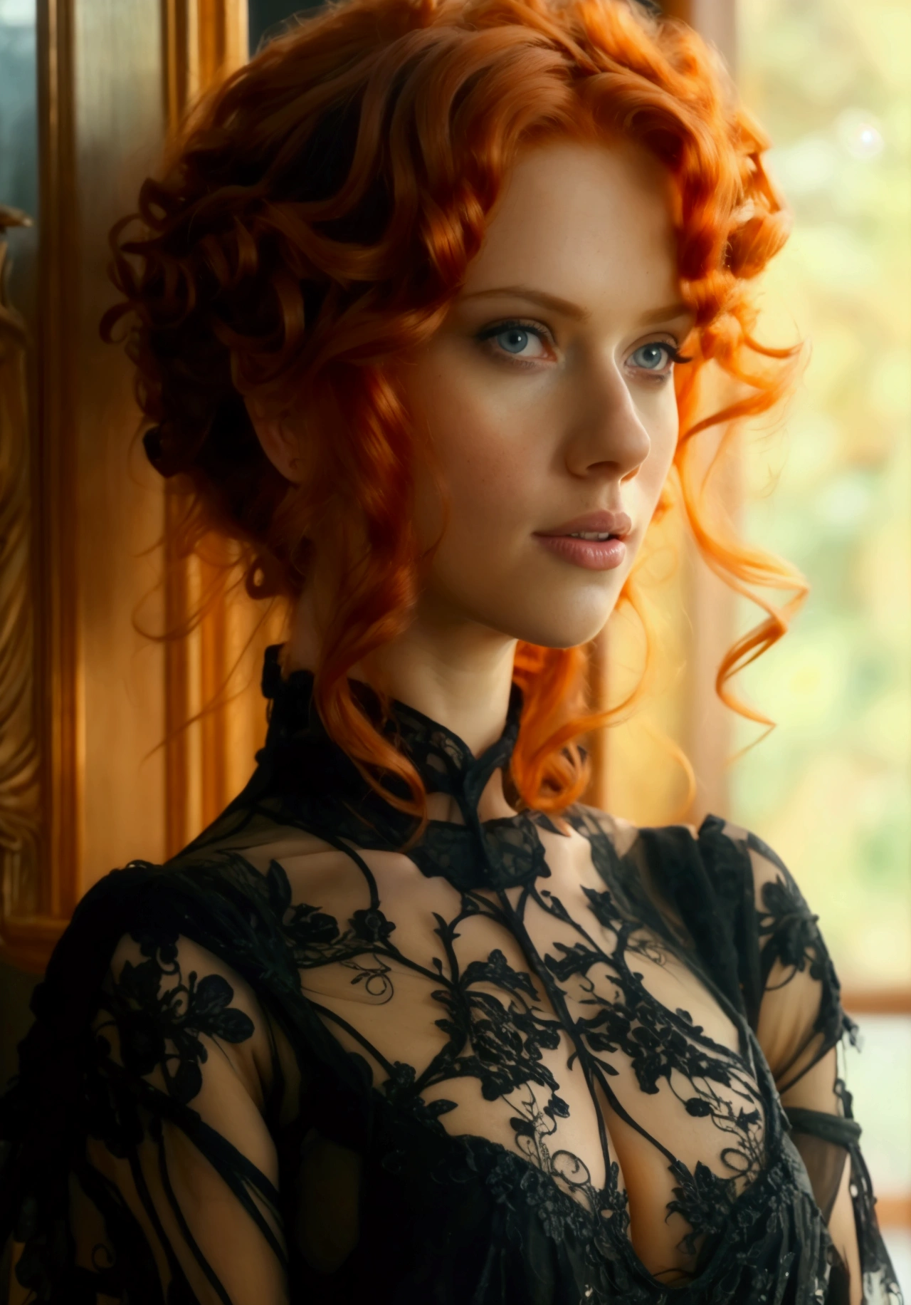 a beautiful woman in a tight black dress, redhead with defined curly hair, standing in an elegant and sexy pose, detailed eyes, lips, and face, ultra-detailed, 8k, high resolution, photorealistic, dramatic lighting, cinematic, renaissance painting style, warm color tones