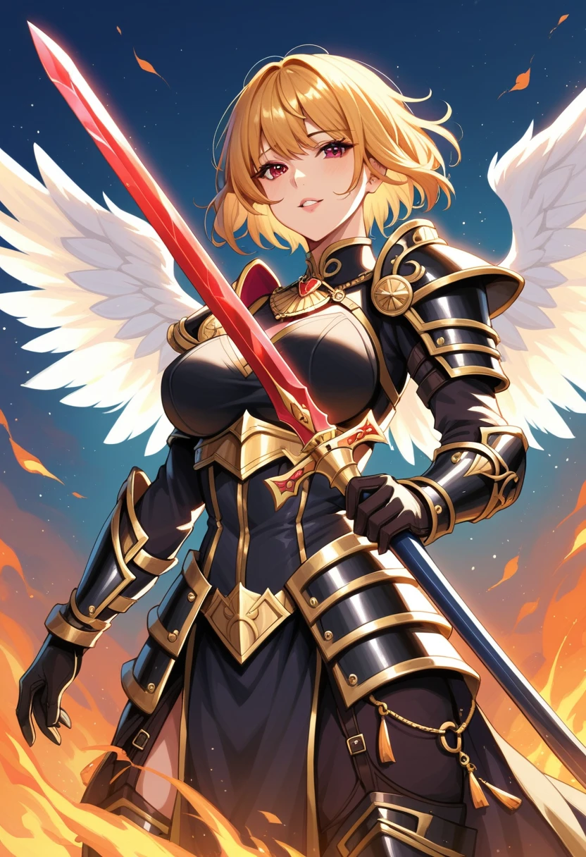  The best quality,  lonely mature woman , many curves, seductive, black armor, corona de flores, Gold jewelry, goddess, big white wings , short golden hair,  short hair, thin bangs, red eyes,  in her left hand she holds a long sword, lleva una black armor completa, wearing full armor ,  a human warrior Valkyria ,  raising her sword in the middle of her face , eyes on fire.
