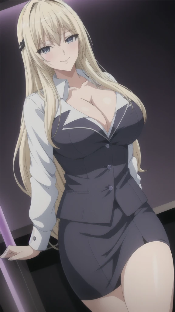   erotic 、Blonde、Big Breasts, Alone,teacher、 bare light blue and white coat、Black pencil skirt,  Purple Wicked Background 、 Best Quality,  detailed face,  detailed eyes on board,  high resolution on down,、Evil female executive、 wicked smile、 cleavage、 sexy pose、Fallen into evil、Fall into Darkness、Dark Side、excited、lure