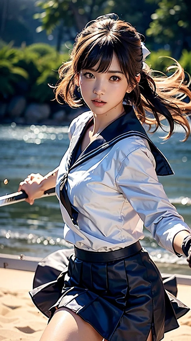 (Ultra HD, Highest quality, High resolution, Hyperrealistic, super beautiful), 24000dpi, (Holding a Japanese sword, Two-Way, Electric shock), Charge Move, Special move stance, All in one, Dance, Beautiful woman, Long Tail, Well-formed eyes, Eyesight max, 1, Alluring, Completely American, perfect body, Physical Beauty, (Sailor suit, mini skirt),whole body